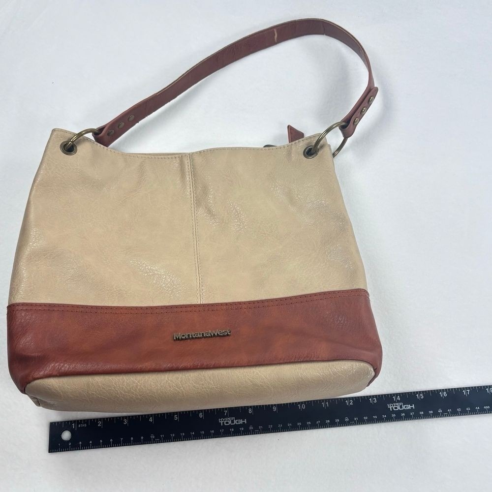 Montana West Slouchy Purse Bag Medium Leather Brown Beige Equestrian Western - Picture 7 of 13